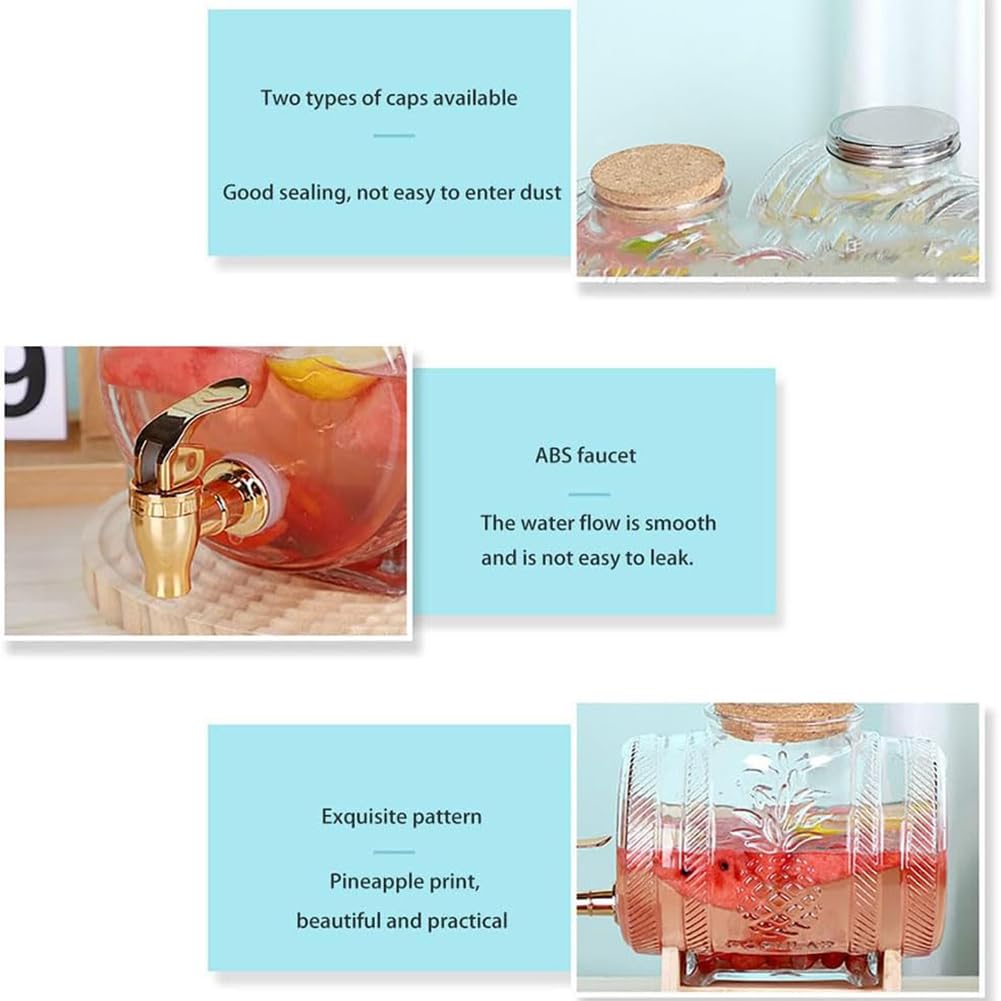 Dispensador de bebidas de vidrio 1L/3L/5L Dispensadores de bebidas heladas con grifo y soporte de madera, dispensador de bebidas Dispensador de bebidas frías para barbacoa, picnic, fiesta en la piscin