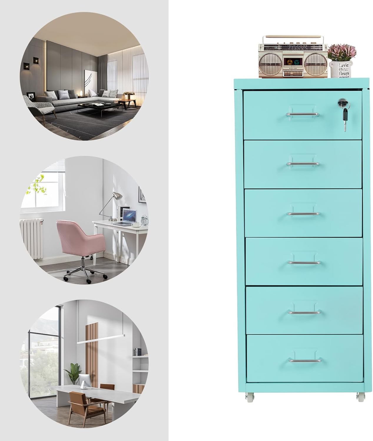 6-Drawer Metal File Cabinet, Metal Filing Storage Vertical Cabinets with Lock Home Office Filing Cabinets for Organization Hanging Letter/Legal/F4/A4 (Light Blue)