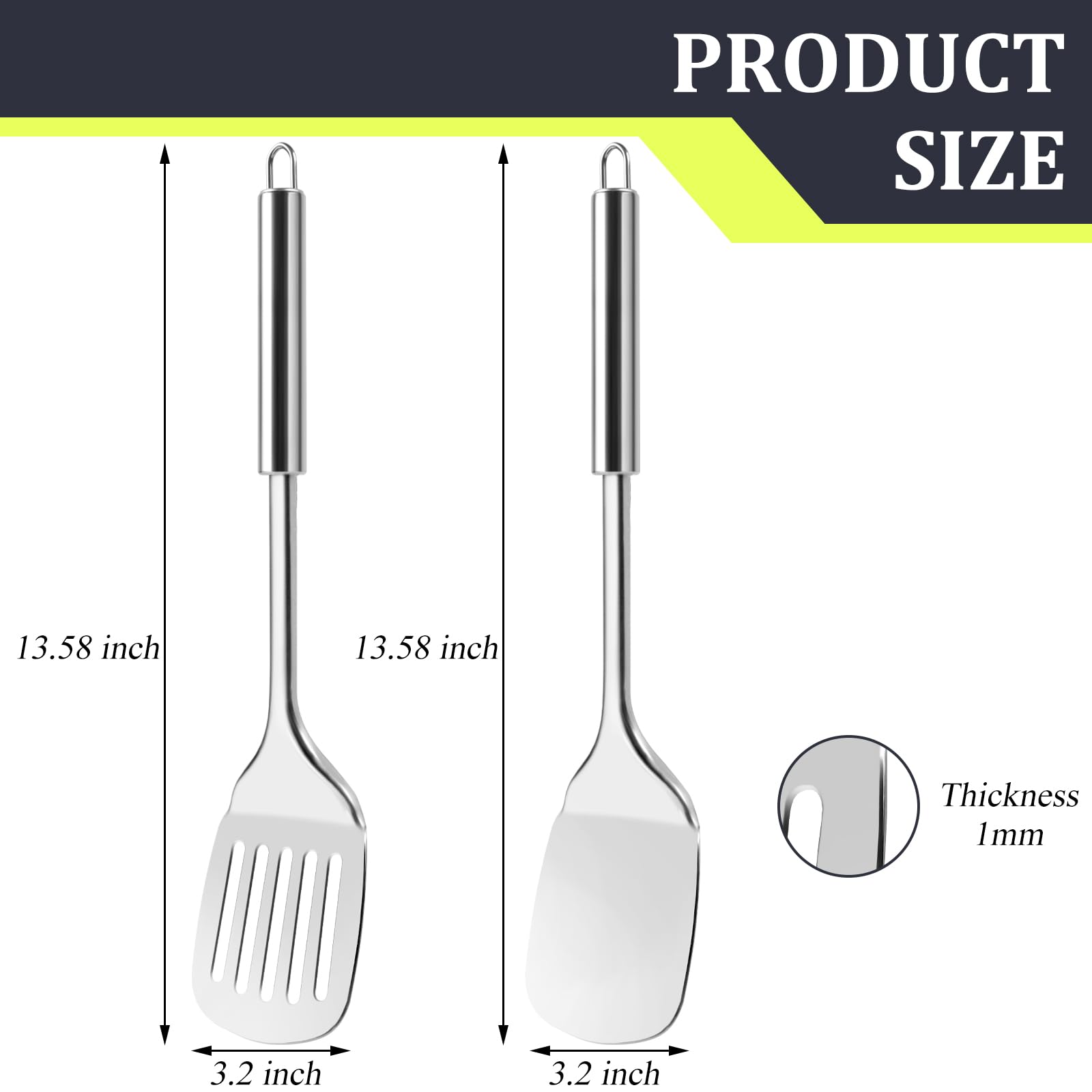 PEASUG 2 Pack Stainless Steel Spatulas Set, Metal Spatula for Kitchen Use, Silver Solid Slotted Turner, High Heat Resistant for Cast Iron Skillet, Grilling, Cooking, Dishwasher Safe, 13.5Inch