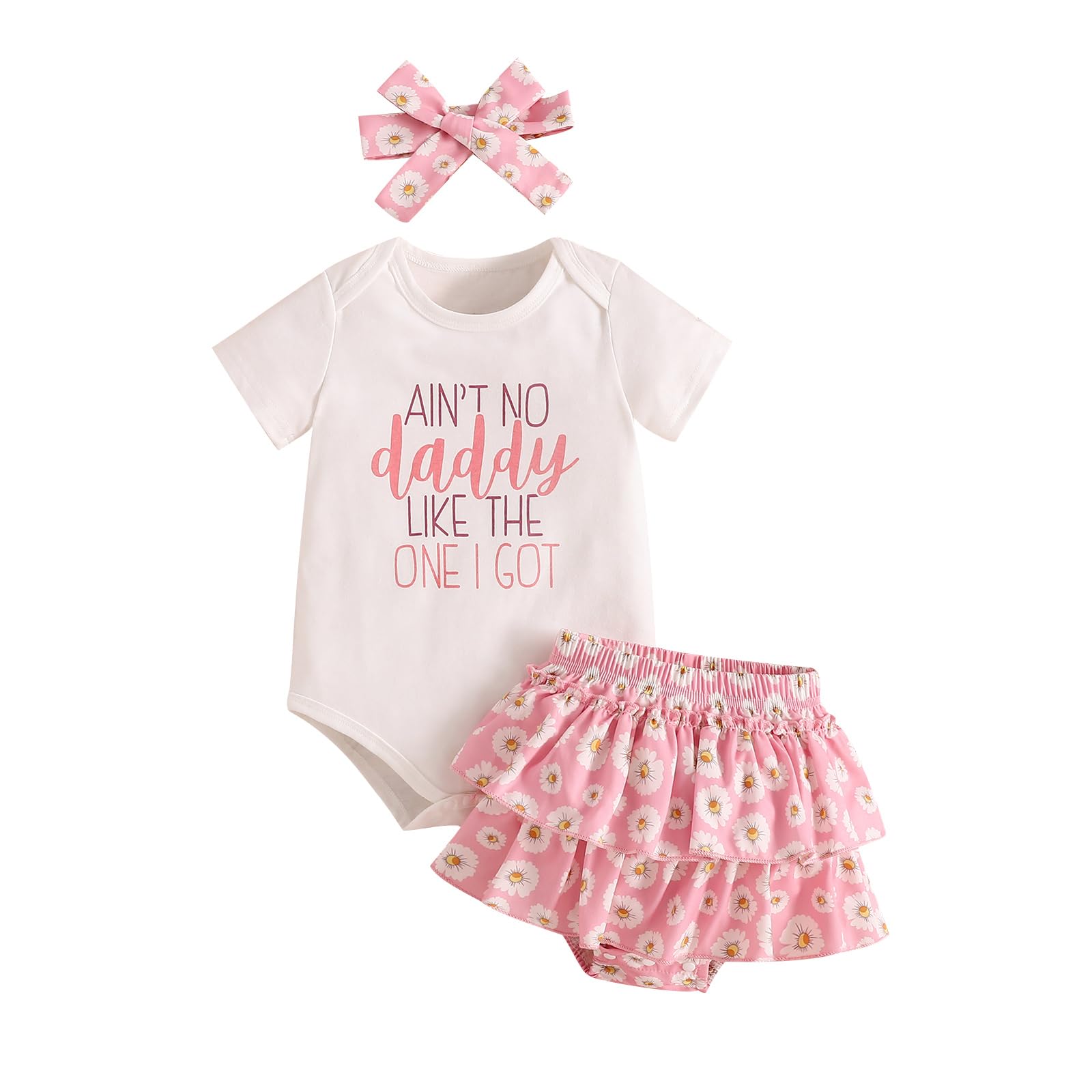 Newborn Baby Girls Summer Outfits Letter Print Short Sleeve Romper Elastic Floral Shorts Headband Set 3 Pcs Clothes (Pink, 0-3 Months)