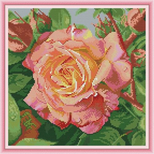 Image of JOYSEWING Pink Rose Flowers Stamped Cross Stitch Kit, Rose, 15.35x15.35