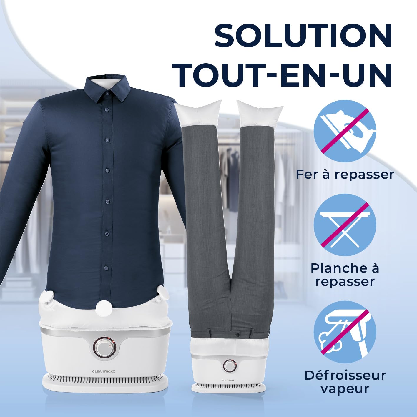 CLEANmaxx Appareil de repassage automatique de chemises pour sécher et défroisser les chemises et les chemisiers | Accessoire pour pantalons est inclusif | Innovante et douce aux vêtements