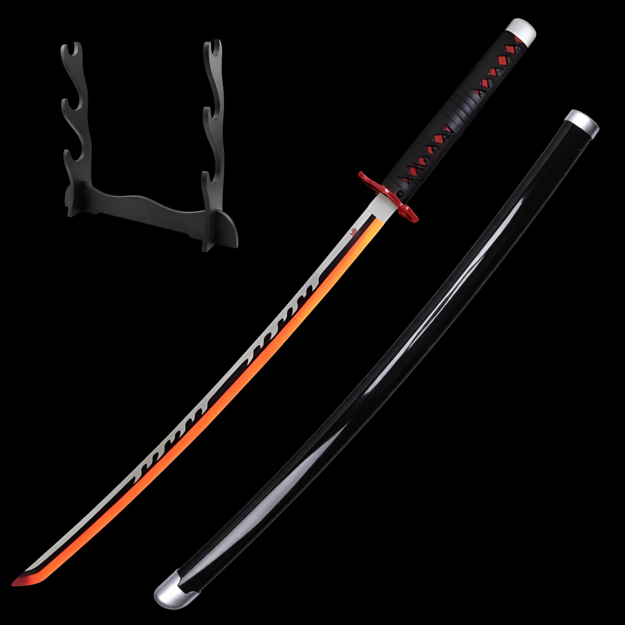 Demon Slayer Tanjiro Katana Sword LED 104cm Life Size – Light Up Glowing Luminous Bamboo Wood Rengoku Anime Katana Perfect for Cosplay, Anime Gift (Triple Layer Stand)-image-19