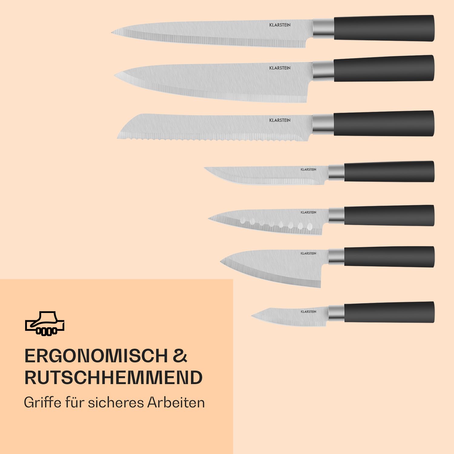 Klarstein Kitano - Messer-Set, Messerblock, 8-teilig, Präzisionsklingen, Rostfreier Edelstahl, Holzblock, Schwarz