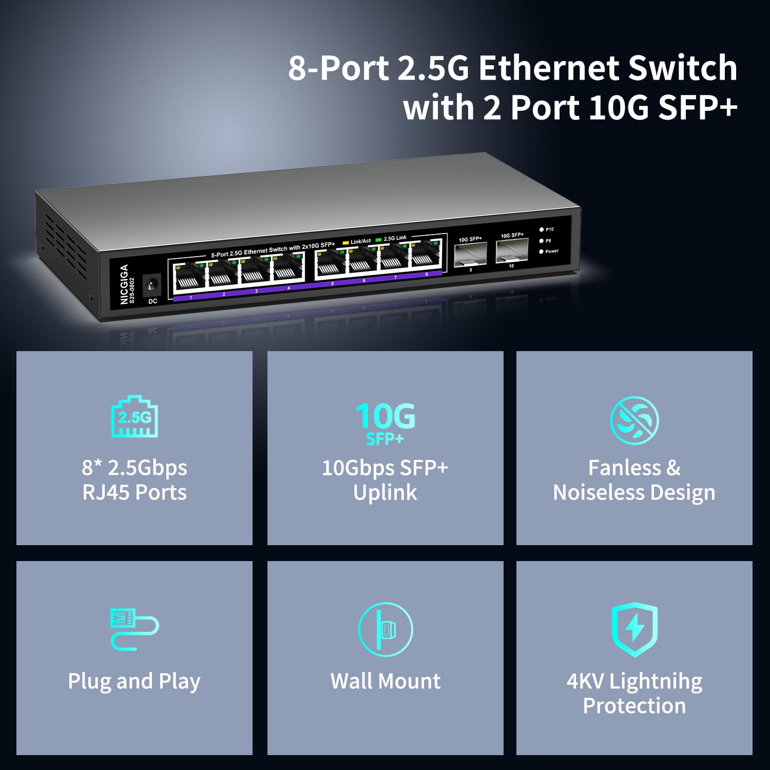 10 porte 2.5Gb Switch Ethernet non gestito con 8 porte Base-T 2.5G + 2 porte 10G SFP+ Switch di rete. NICGIGA 8 porte 2.5 Gbps per NAS/PC a 2.5 Gbps, router WiFi6, AP wireless. Design senza ventola.