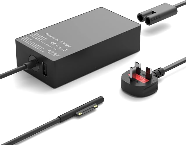 65W Surface Pro Charger Compatible with Microsoft Surface Charger UK, Surface Pro 8/X/7/6/5/4/3, Surface Laptop Go 1/2/3/4, Surface Book, Windows Surface Charger, 15V 4A 65W Surface Book Charger 1/2