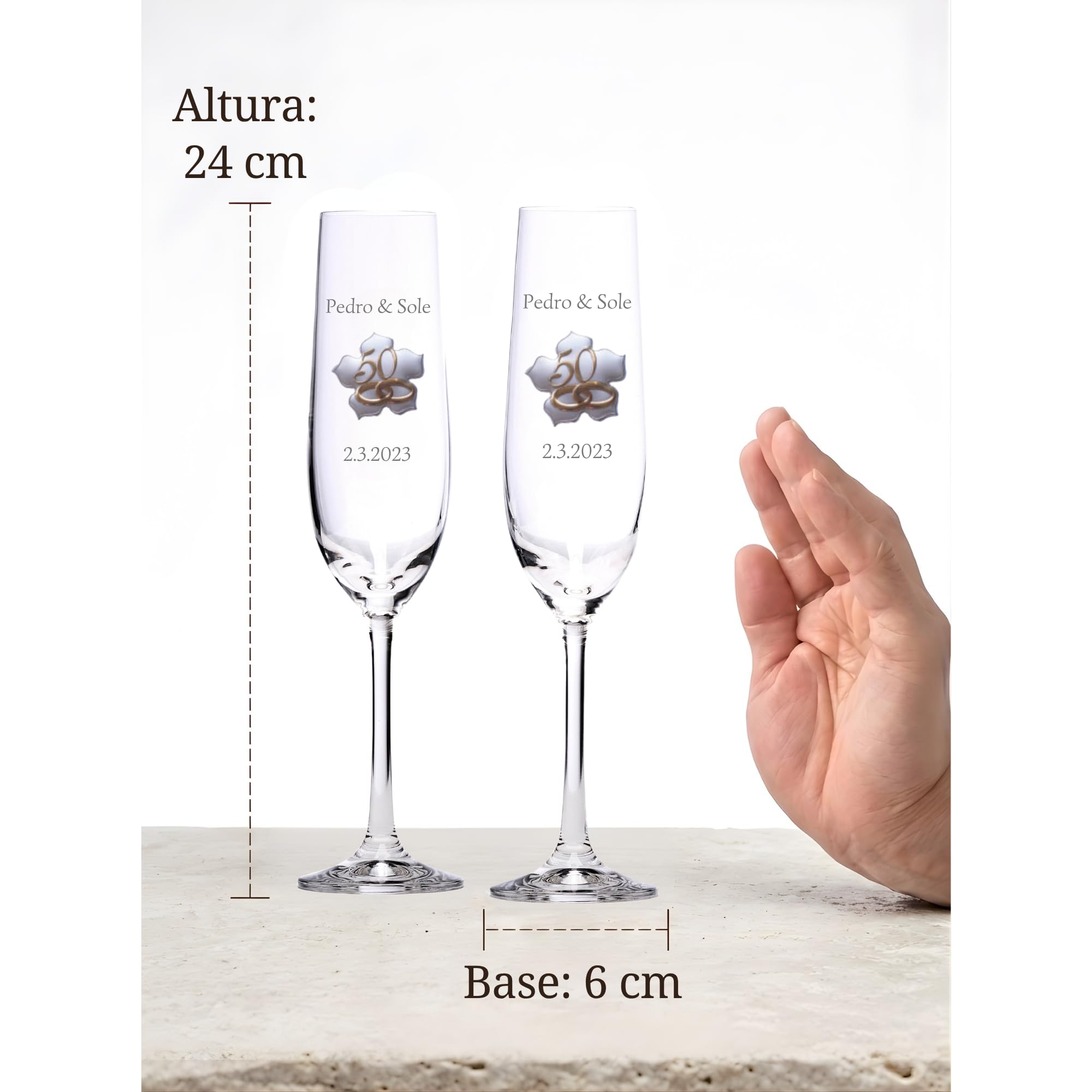 JOYERIA EL FARO Copas de Champán Personalizadas para Bodas de Oro – Juego de 2 Copas con Chapita Dorada en Forma de Hoja – Estuche Premium de Joyería – Regalo 50 Aniversario de Casados