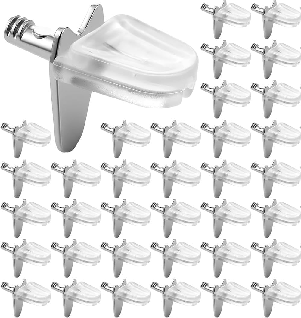 30 Pcs 3mm Clear L-Shaped Shelf Support Peg Plastic with Steel Clips Shelves Pins Replacement Cabinet Shelf Brackets for Wardrobe Bookcase Glass Showcase Kitchen Office
