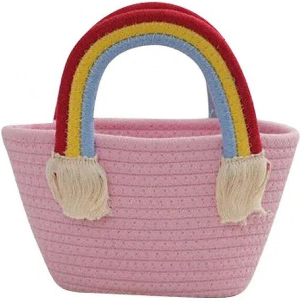 Sanfly Women's Pink Rainbow Shopping Basket Cotton Rope Handbag Woven Rope Basket Laundry Basket White Girls Tote Bag Beach Tote Bag For Portable Storage Bag Rainbow Handle Handbag