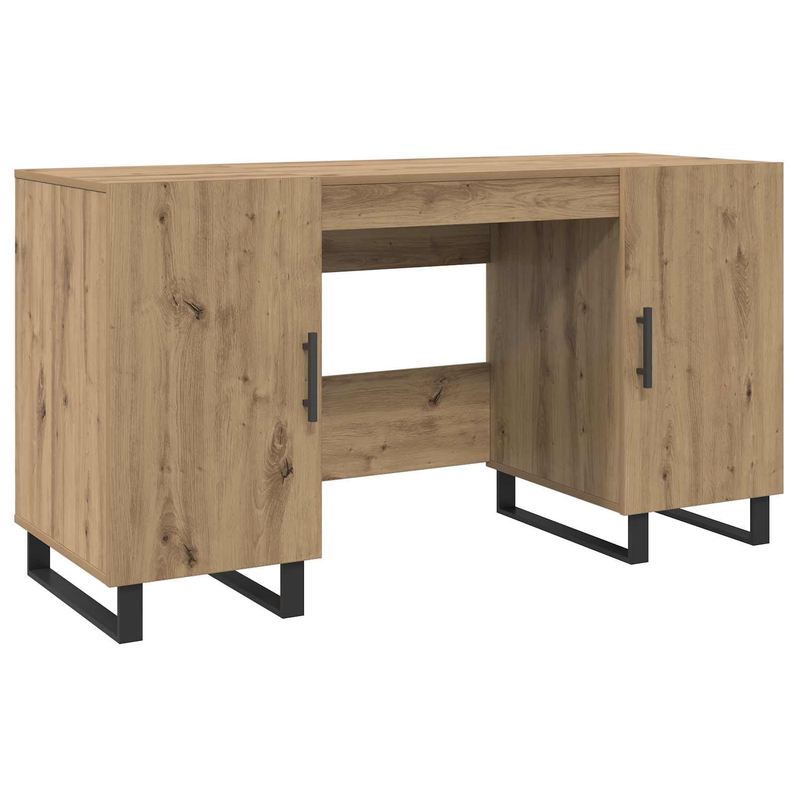Scrivania in legno di quercia Artisan, 140 x 50 x 75 cm, con vano portaoggetti, scaffale e ante, ergonomica, per ufficio, casa, lavoro al computer, PC, laptop, segretario e gaming