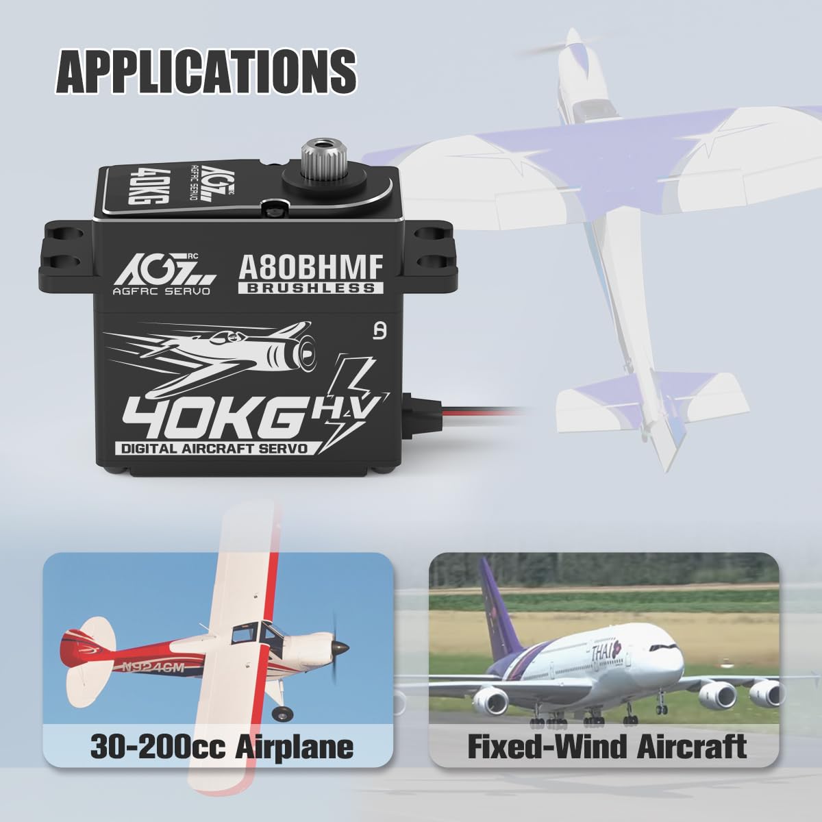 AGFRC Servo RC Toruqe élevé 40 kg – Servo standard numérique sans balais programmable à engrenage en acier pour avion RC 30–200 CC (A80BHMF)