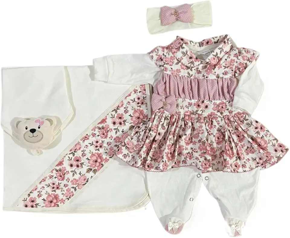 Saida de Maternidade Para Bebê Menina 05 peças Charlote Roupas de Bebê(Rosê-Tamanho Único)