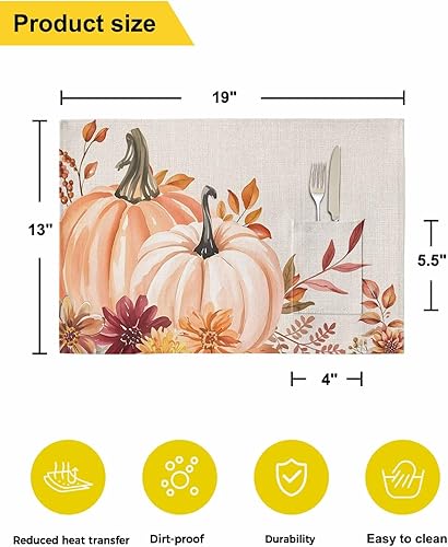 Miniatura 4 de Juego de 4 manteles individuales de mesa de calabaza rosa para mesa de comedor, tela de lino de algodón con bolsillo, arpillera cuadrada,