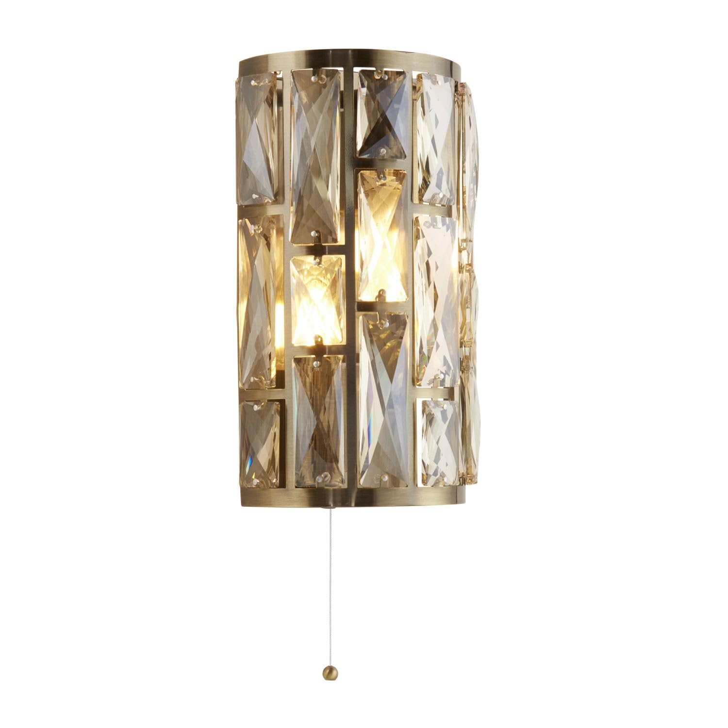 Licht-Erlebnisse Wandlampe Kristall mit Schalter H: 27 cm klein in Messing antik Creme 2x E14 Art Déco Up Down Wandleuchte Flur Wohnzimmer