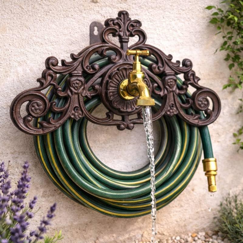 Fontaine de Jardin de Charme Murale Enrouleur à Tuyaux Source en Fonte Marron Robinet Laiton Doré 22,5x24x36,5cm