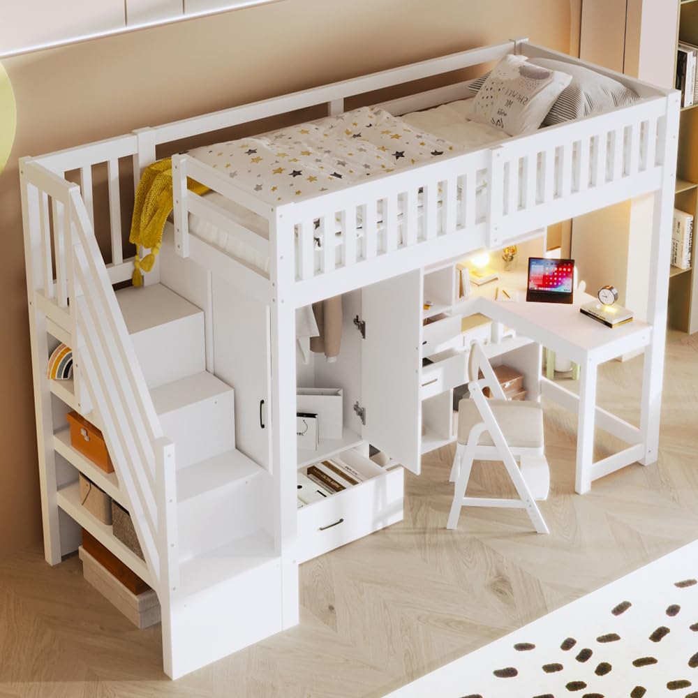 Letto a castello 90x200cm con scrivania e armadio,letto a soppalco per bambini con cassetti e vano portaoggetti,letto castello con Scaletta, struttura letti ragazzi 90x200,Pine,Senza materasso,Bianco