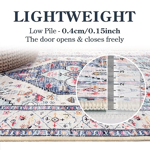 Lahome Boho Round Rug - 9Ft Washable Area Rug, Non-Slip Small Bathroom Rug, Lightweight Bedroom Throw, Oriental Distressed Print Carpet for Entryway, Sofa, Nursery, Kids Room