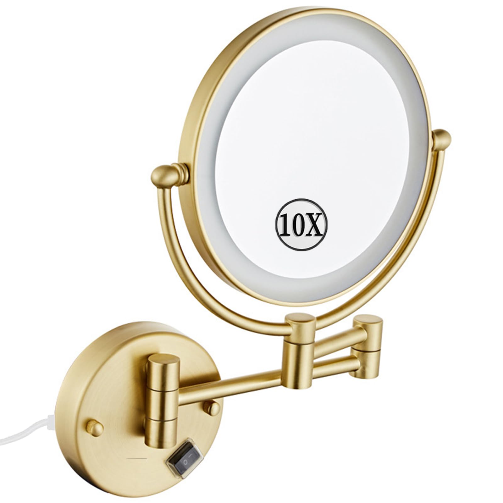 KEYQEEN LED Makeup Mirror with Lights, Double Sided 1X/10X Magnifying Mirror, Brushed Gold Plug in Wall Mounted 360° Swivel Extendable Bathroom Vanity Mirror