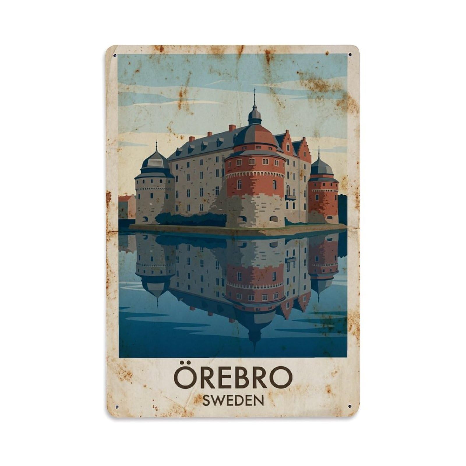 Vintage Travel Orebro Sweden Historic Metal Tin Sign