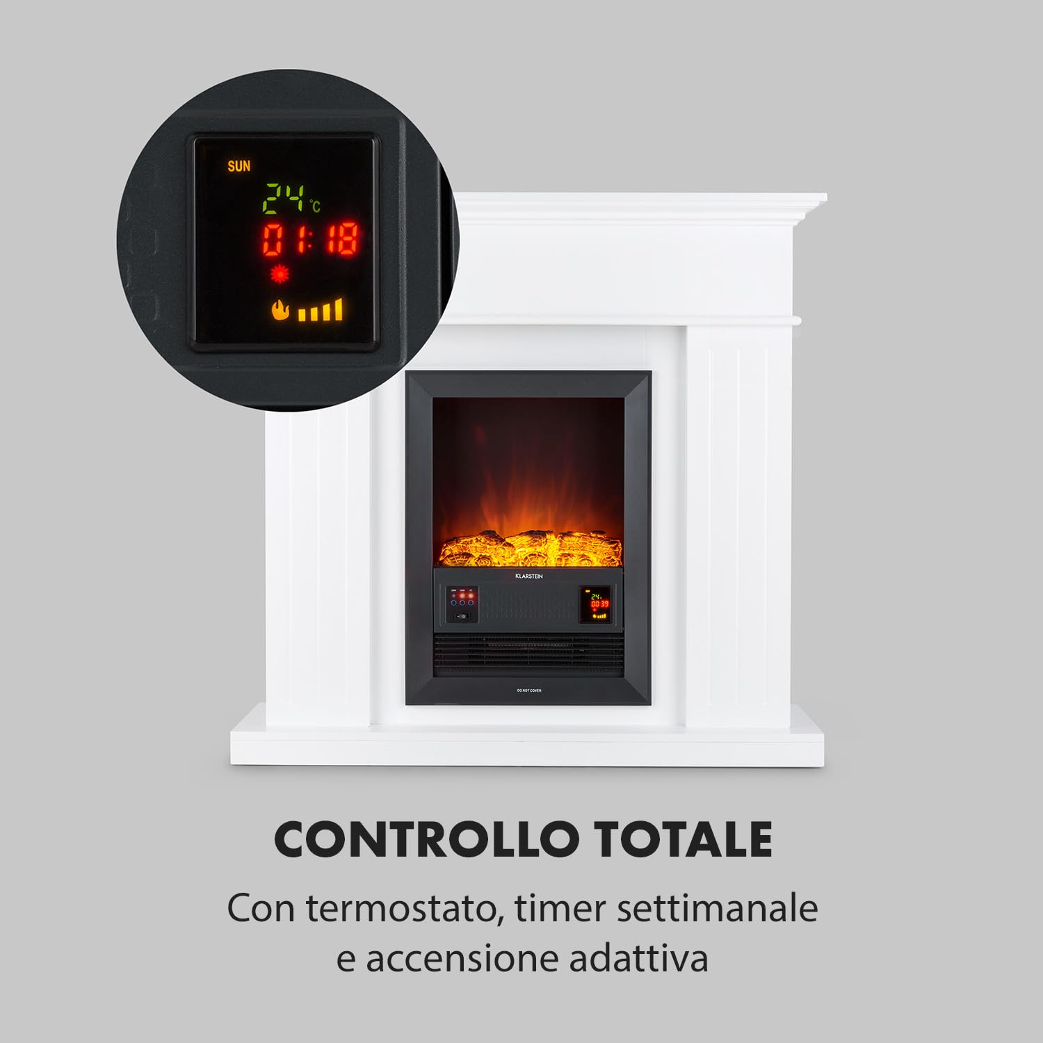 Klarstein Chamonix Camino elettrico retrò nostalgia con termoventilatore (camino da parete sottile 35 cm, 2 livelli di riscaldamento - 2000W e 1000W, simulazione di fiamme) bianco