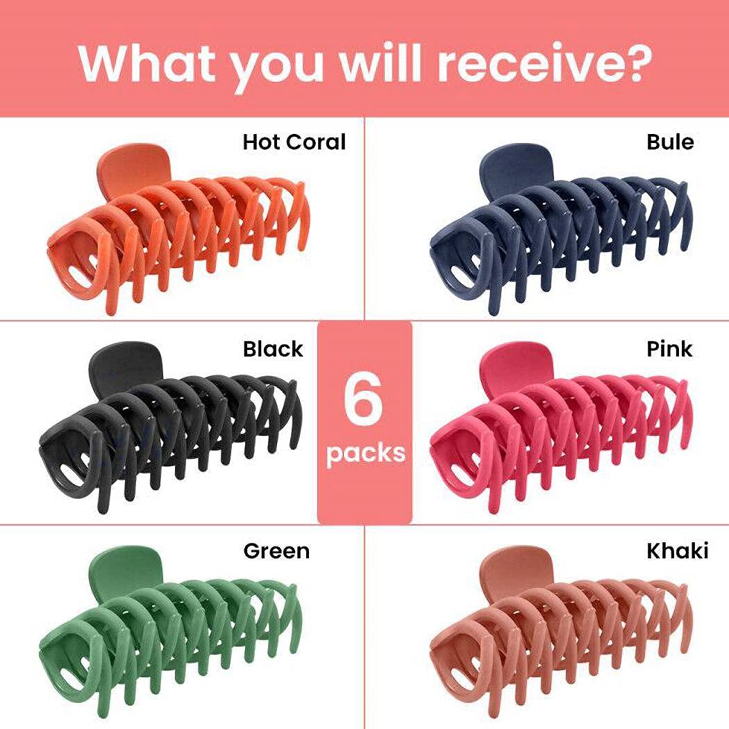 Big Claw Hair Clips 4.3 Inch Nonslip Large Claw Clip for Women and Girls Thin Hair, Strong Hold Hair Clips for Thick Hair, 6 Color Available (6 Pieces)