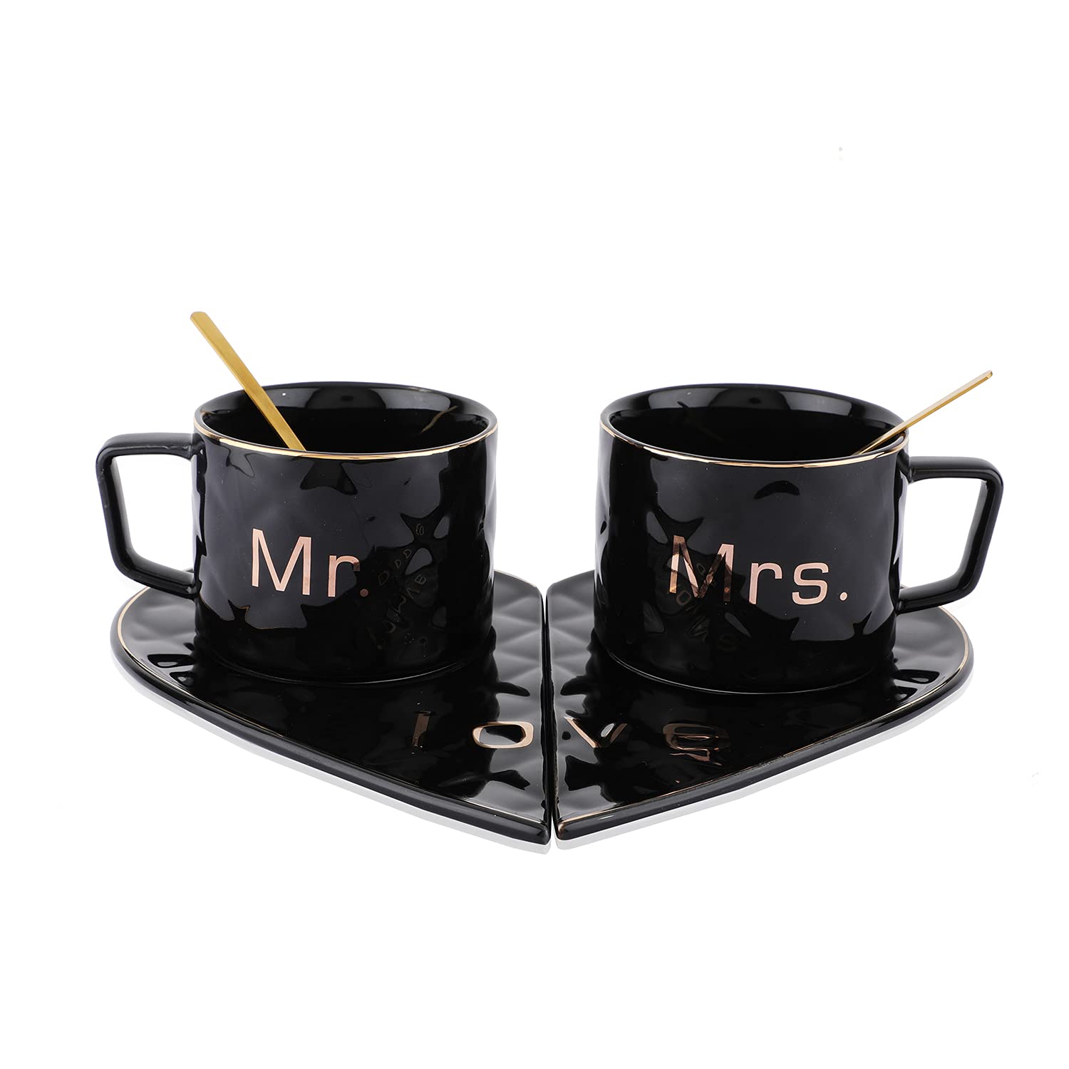 NYRWANA DELIVERING SMILES IN INIDA Mr And Mrs Ceramic Mugs/Tea Cup With Heart Shape Saucer 2Pc (Black), 250 ML