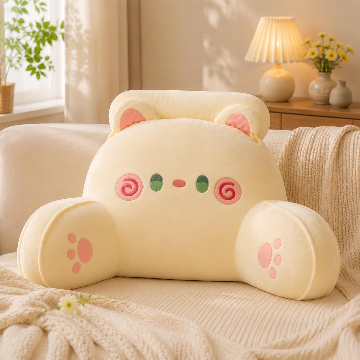 Azmaht White Cat Cuddle Cushion Reading Pillow In Soft Plush And Pp Cotton, Washable Back Support Cushion, Cosy Support Pillow, Lounger Back Support Pillow For Adult Bedrest,,75X50cm