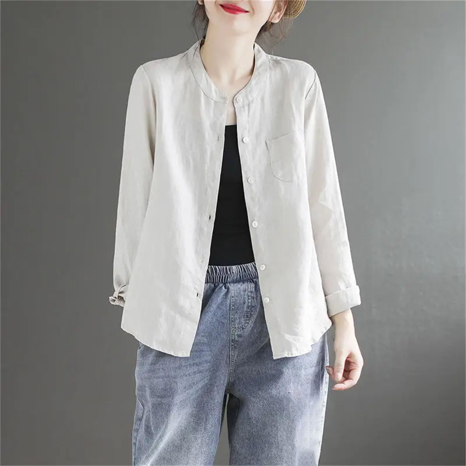 Camisa de manga larga con cuello alto para mujer, estilo informal, cómoda, de algodón, cáñamo, para primavera, para todo tipo de camisetas
