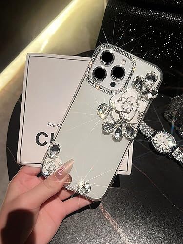 iFiLOVE Funda para iPhone 15 Pro Camellia, para niñas y mujeres, 3D, de lujo, brillante, con diamantes de imitación, Camellia, funda protectora para
