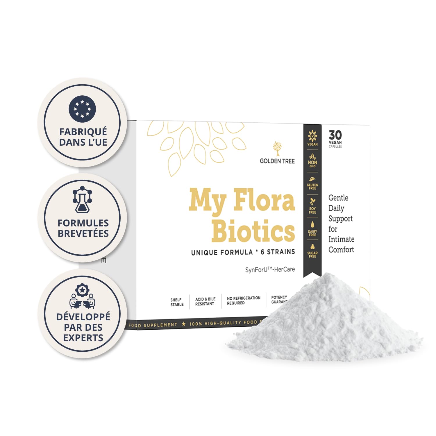 Golden Tree My Flora Biotics – Probiotiques pour Femme, 30 Gélules | Avec 6 Souches de Lactobacillus, D-Mannose et Inuline, 12 Milliards d’UFC par Gélule