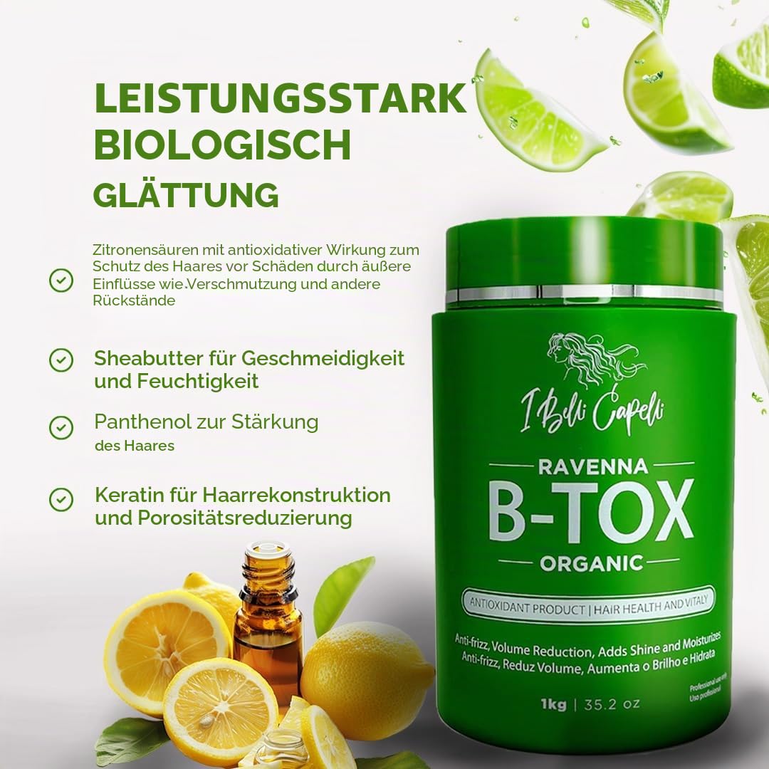 I Belli Capelli Ravenna B-tox Bio Kit, Haar B-tox Behandlung & Arganöl Maske 250g- B-tox Capilar Para el Cabello, Formaldehydfrei -Effekt Anti-Frizz, Volumenreduktion, Glättung (1 B-tox+1 Maske)