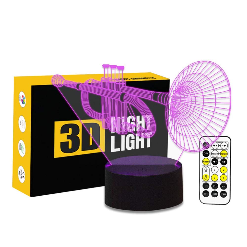 Lámpara de ilusión óptica 3D con forma de trompeta, 7 colores, cambio de temporización, control remoto y botón táctil, lámpara de escritorio LED para decoración del hogar y dormitorio