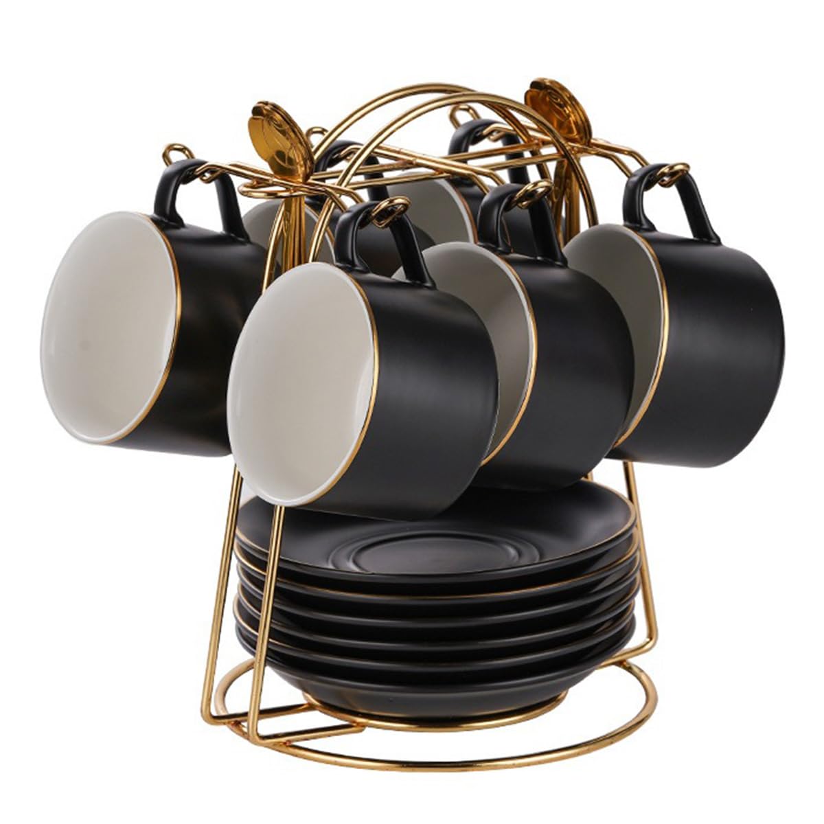 cappuccino tassen set Tassen & Untertassen von 6 (150 ml), Luxus-Teetasse Set mit goldenen Trimm, Kaffeetasse mit Henkel, britischer Königlicher Porzellan Tassen (Mattes Schwarz)
