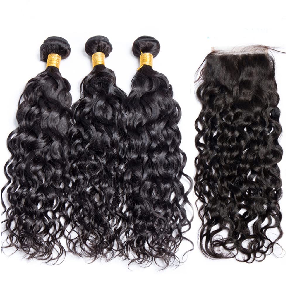 Brazilian Water Wave 3 Bundles and Closure Free Part Wet and Wavy Bundles with 4x4 Lace Closure Human Hair Unprocessed Water Wave Human Hair Natural Color (22 24 26+20)