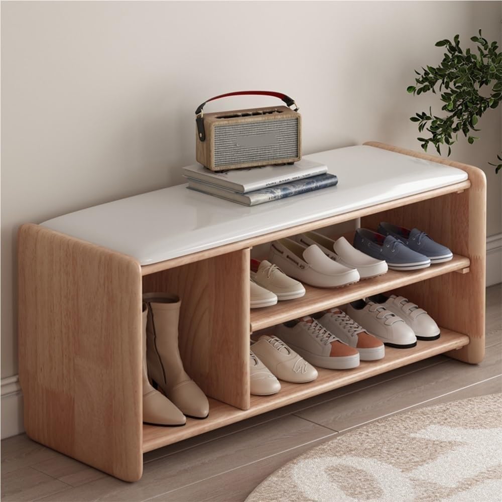 Banc à chaussures en bois naturel 120 cm avec assise confortable