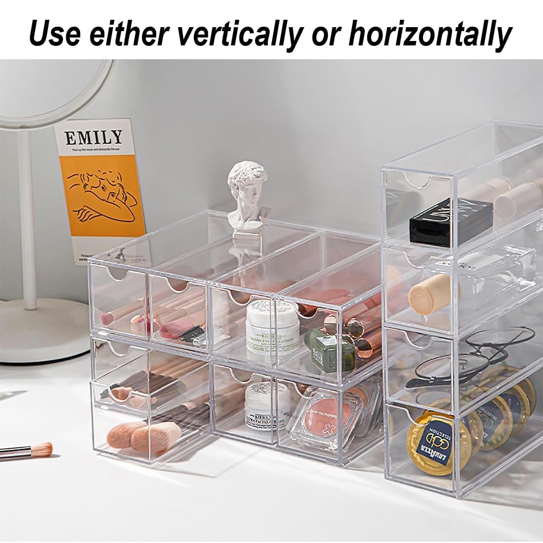 Almacenamiento de gafas de sol acrílicas - Organizador de gafas con 4 cajones para gafas múltiples, joyas, relojes - Almacenamiento de gafas de sol transparente, paquete de 2 Organizador de