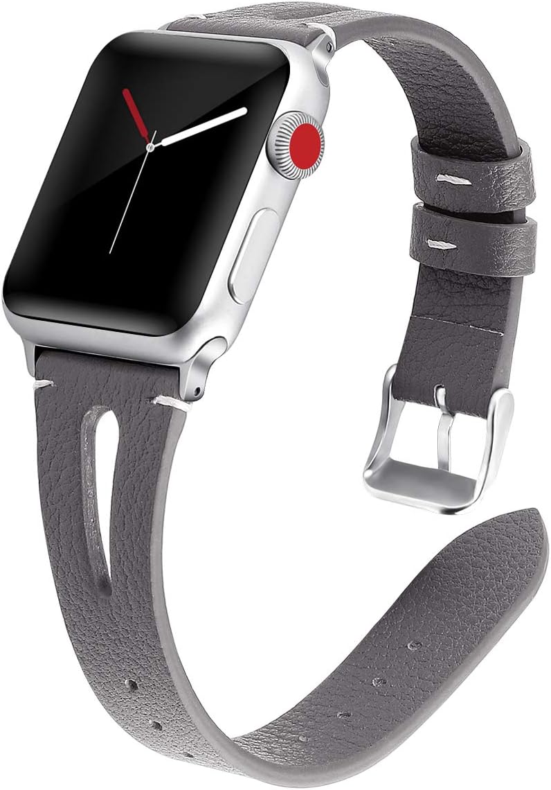 Kaome Leather Band Compatible for Apple Watch Band 40mm 38mm, Slim Elegant Strap, Women Replacement Bands for iWatch Series 5, Series 4, Series 3, Fashionable Feminine Breathable Slit Design-Grey