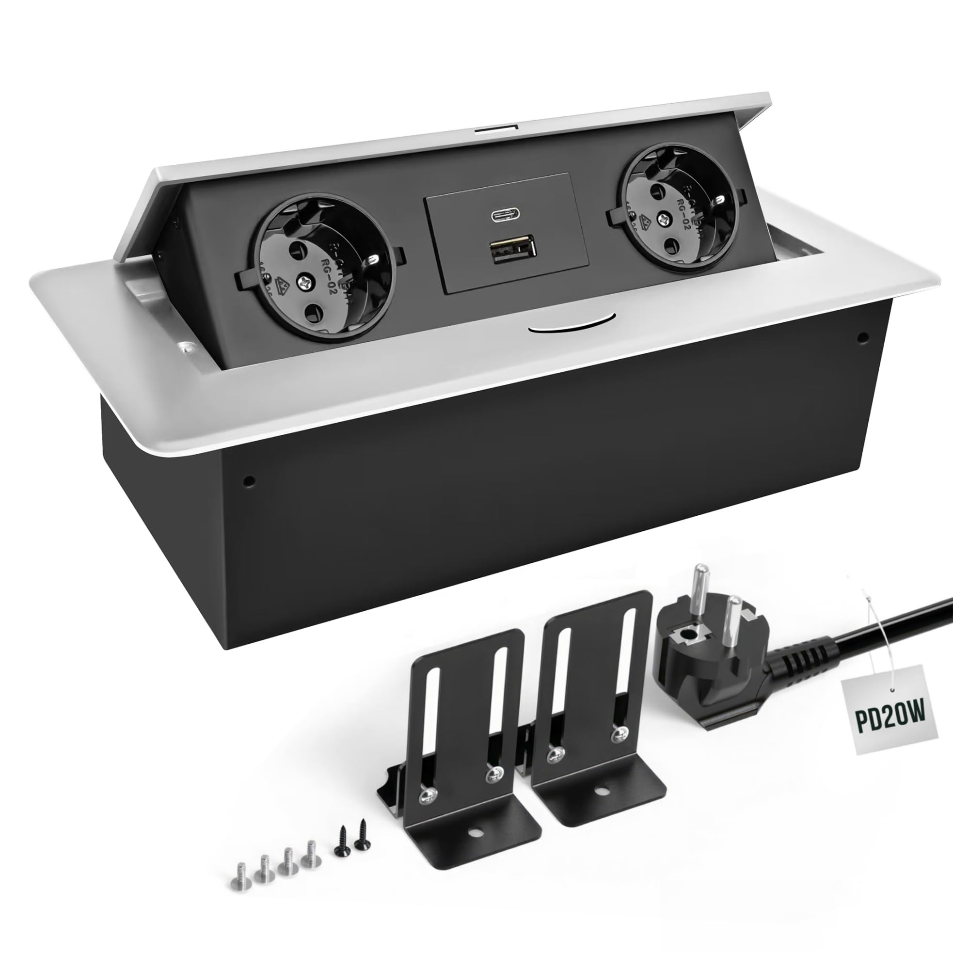 Prise encastrable escamotable avec fonction de charge rapide PD20W USB-C, prise de table pour bureau, plan de travail de cuisine, argent