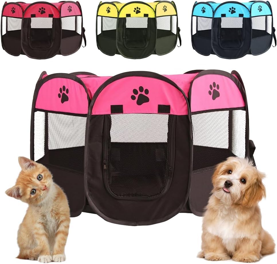 Puppy Run Foldable Puppy Playpen Animal Playpen Dog 74 x 74 x 43 cm Cat Enclosure Outdoor & Indoor Oxford Fabric for Dogs, Cats, Rabbits, Small Animals (Pink + Black)