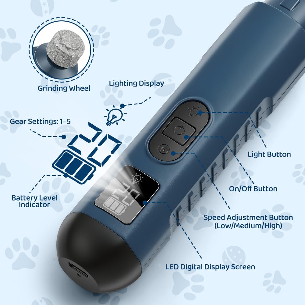 Aolso Lime à Ongles pour Chien et Chat, Rechargeable Broyeur à Ongles pour Chien, 45 décibels Super Silencieux, 5 Vitesses, idéal pour Les Petits et Grands Animaux de Compagnie (Bleu)
