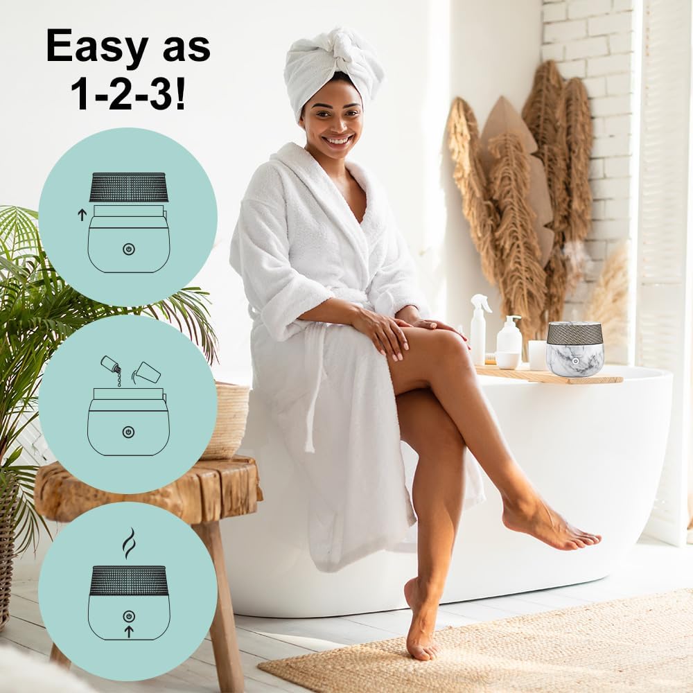 Three step diagram showing how to use the diffuser: remove top, add water and oil, replace top and turn on