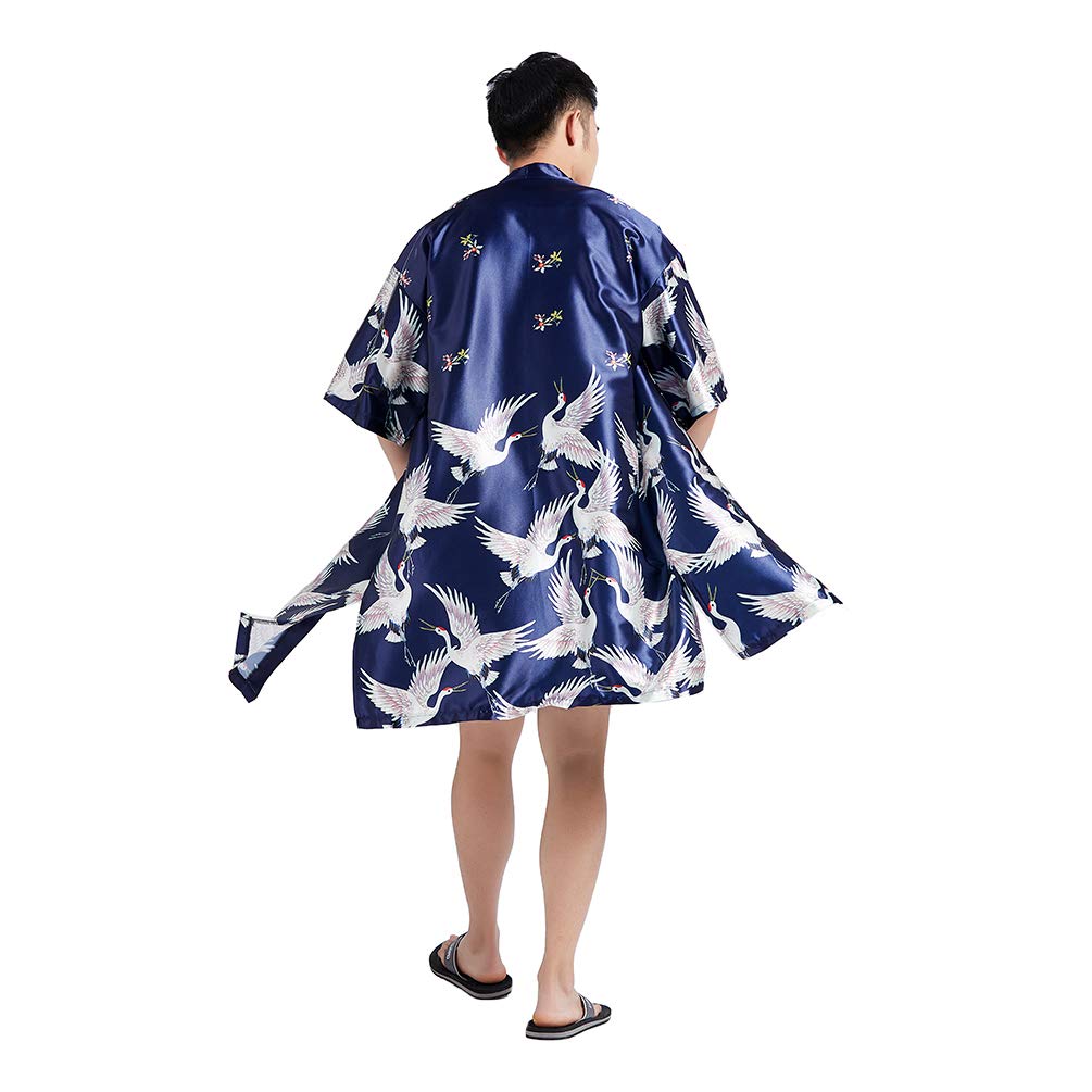 HAORUNMen Japanese Kimono Coat Loose Yukata Outwear Long Bathrobe Tops Vintage (Navy Blue-Satin, m)