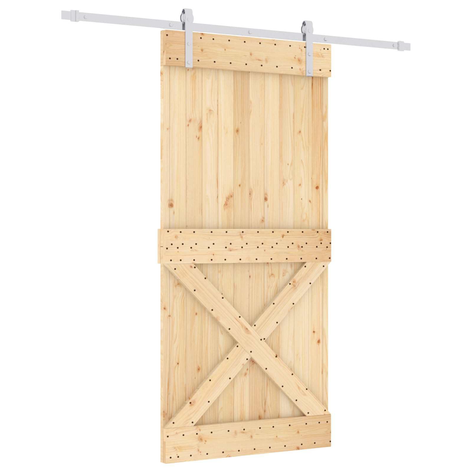 Porta scorrevole in pino naturale e bianco, 95 x 210 cm | Binario in acciaio verniciato a polvere, meccanismo superiore scorrevole, salvaspazio, design minimalista