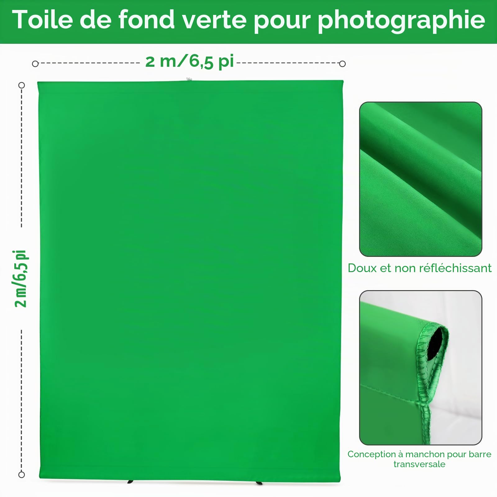 Greenscreen - Toile de fond améliorée avec support - 2 x 2 m - Avec Chromakey - Pour studio photo YouTube, vidéo, studio photo, streaming, gaming - TikTok