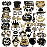 38PCS Birthday Photo Booth Props - Happy Birthday Graduation Wedding Party Favors Supplies Bday Party Decor Funny Cute Holiday Selfie Supplies (Gold Black)