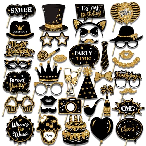 38PCS Birthday Photo Booth Props - Happy Birthday Graduation Wedding Party Favors Supplies Bday Party Decor Funny Cute Holiday Selfie Supplies (Gold Black)