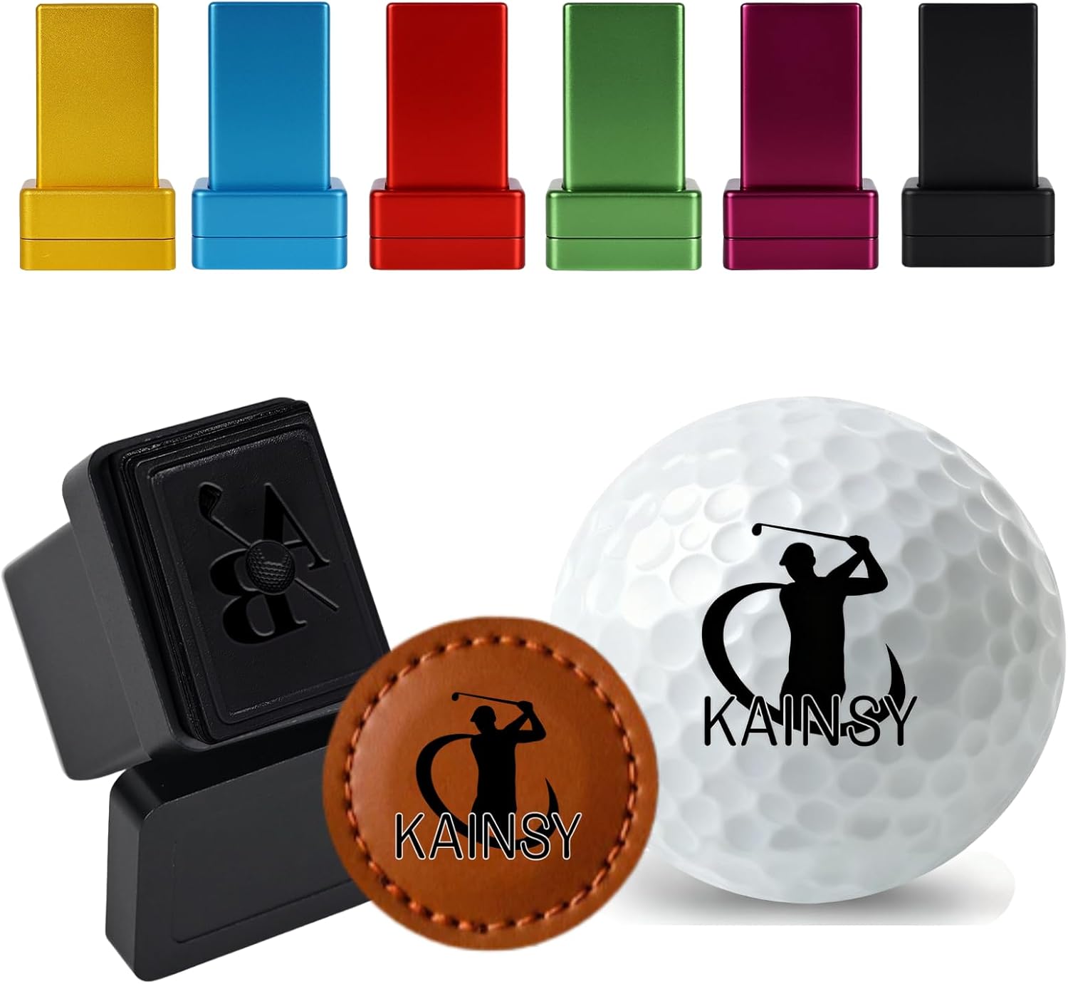 KAINSY Custom Golf Ball Stamp with Leather Ball Marker, Personalized Monogram Ball Stamper, Self-Inking, 6 Color Options, Waterproof Reusable Golfing Accessories, Funny Golf Gifts for Men Golfers