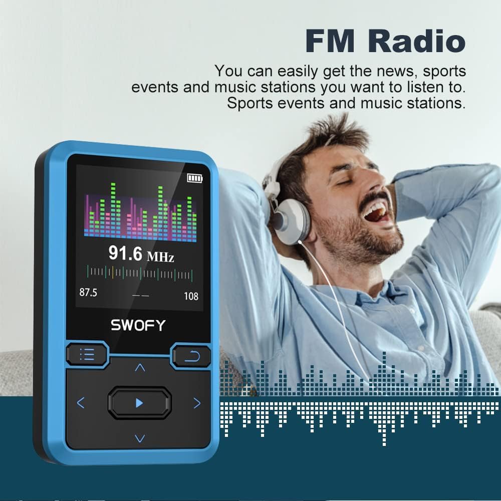 SWOFY Lettore MP3 Bluetooth 5.0 con clip sportiva, mini lettore musicale portatile da 32 GB, con cuffie, radio FM, contapassi, registrazione vocale, supporta scheda SD fino a 128 GB (blu)