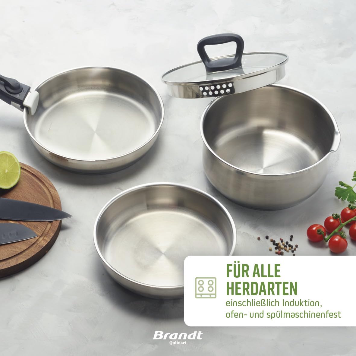 Qulinart by Brandt, 10-teiliges Kochgeschirrset - Edelstahl, 3 Kochtöpfe + 3 Siebdeckel mit Edelstahlgriff Ø 16/18/20 cm + 3 Bratpfannen 20/24/26 cm