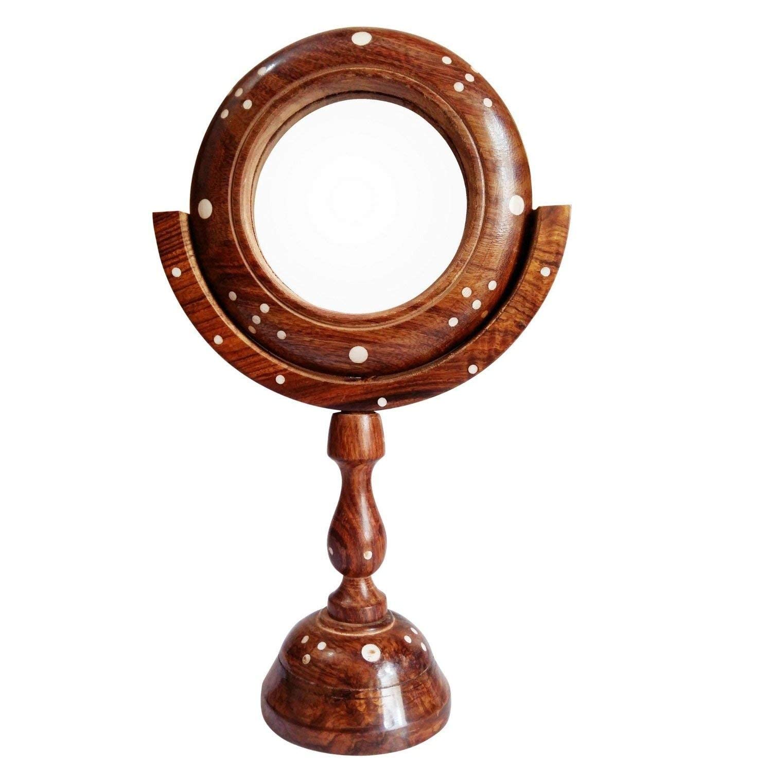 Kingsman Store Vintage Hand Carved Wooden Table Top Round Portable Makeup Mirror with Stand-image-16